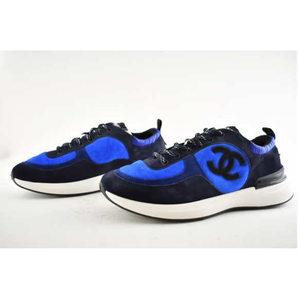 Chanel 21K Blue Suede White CC Logo Lace Up Tie Flat Runner Trainer Sneaker 39.5 - Picture 11 of 11
